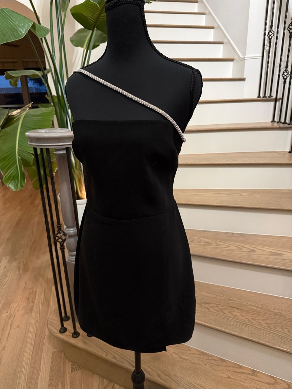 Amanda Uprichard Black One-Shoulder Mini Dress with Silver Crystal Strap (M)